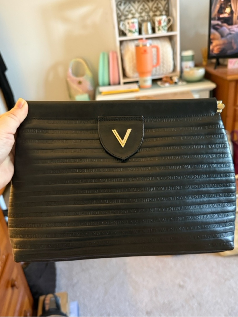 Mario Valentino Vintage Black Embossed Leather Clutch Gold Hardware